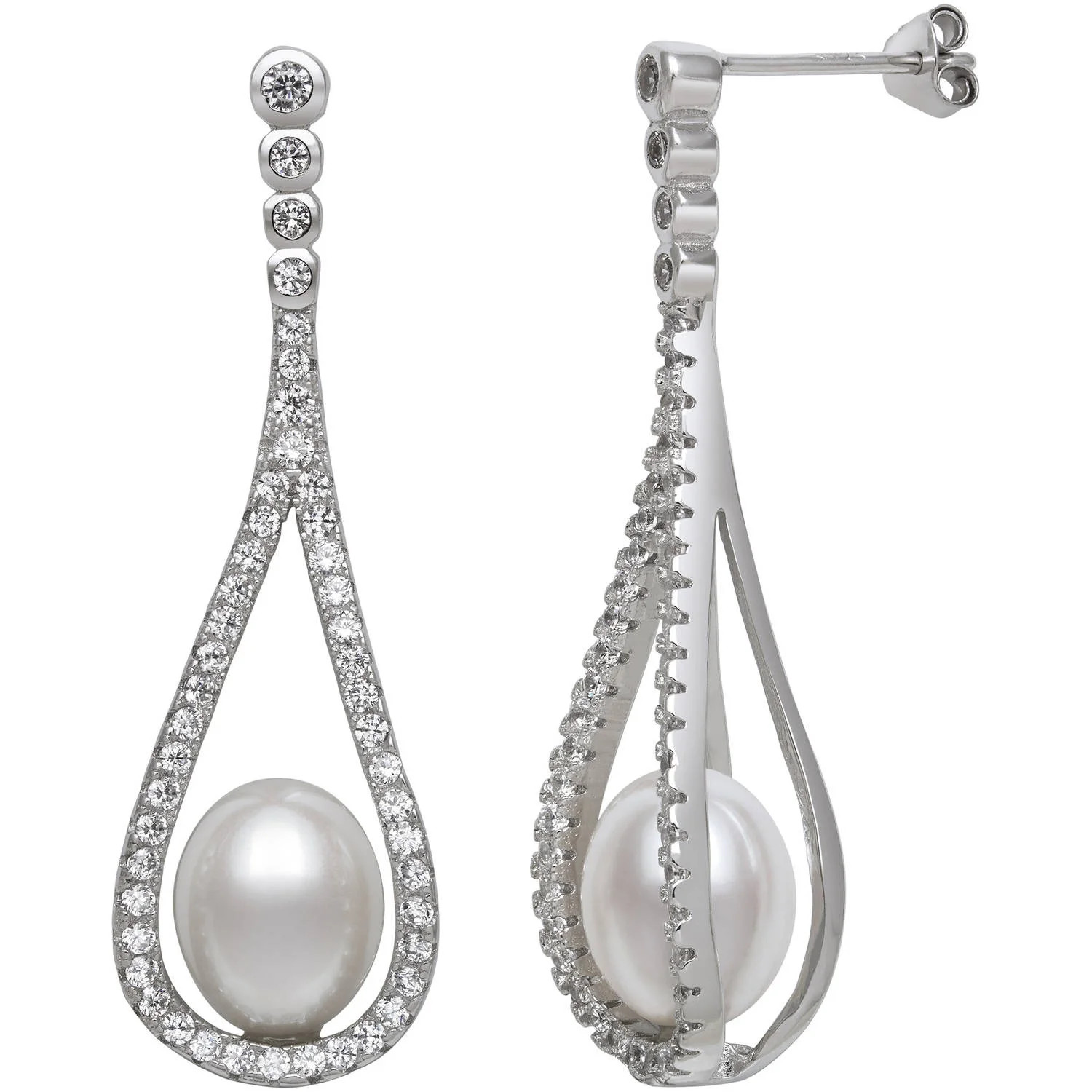 Sterling Silver and Cz Caged Culture Freshwater Pearl Drop Earrings - Walmart.com | Walmart (US)