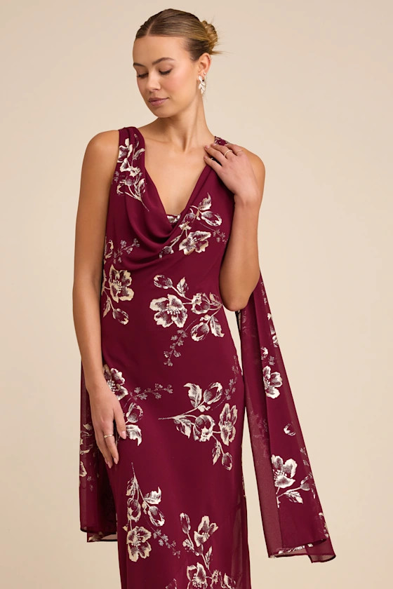 Sidonia Burgundy and Gold Floral Cowl Sash Maxi Dress | Lulus