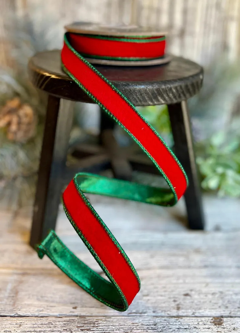 Red and Emerald Velvet Touch Ribbon, Ribbon for Wreaths, 7/8" Ribbon, Christmas Ribbon, Wired Rib... | Etsy (Global)