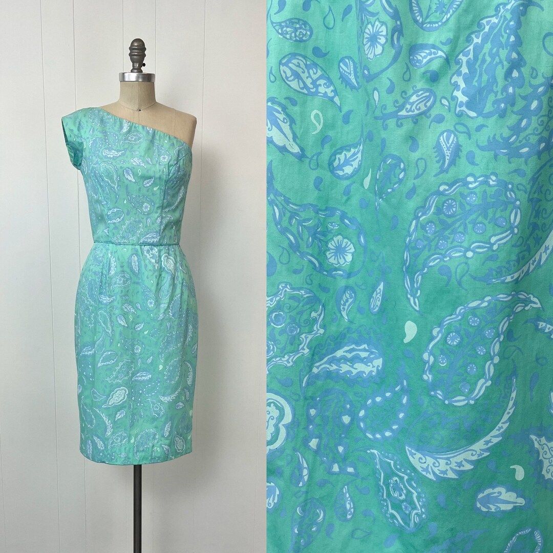 RARE 1960s Key West Hand Print Fabrics Paisley Green Blue One Shoulder Wiggle Dress - Etsy | Etsy (US)