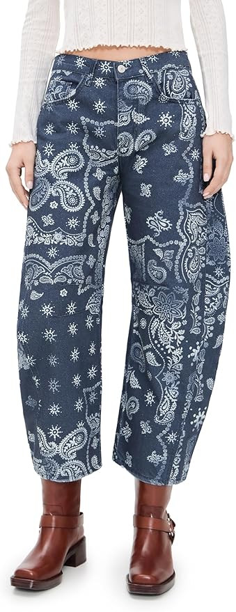 Free People Women's Good Luck Printed Barrel Jeans | Amazon (US)