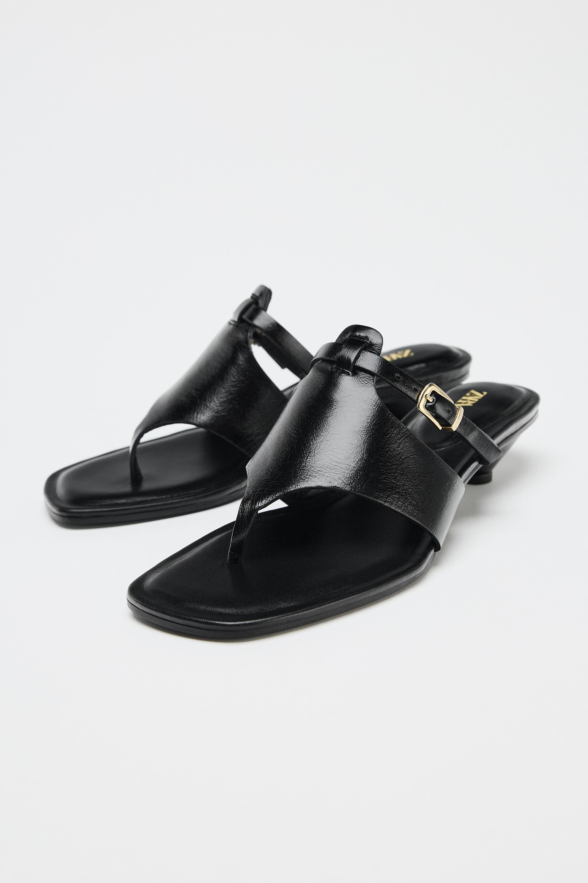 LOW-HEELED LEATHER BUCKLE SANDALS | Zara US