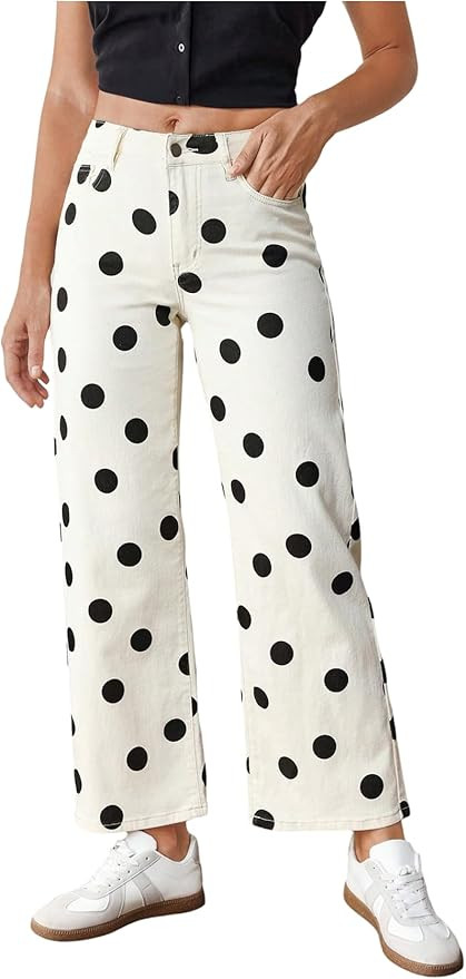 WDIRARA Women's Polka Dots Jeans Vintage Stretchy Straight Leg Denim Pants | Amazon (US)