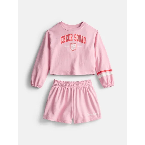 Wonder Nation Little Girls Crewneck Sweatshirt and Shorts Set, 2 Piece, Sizes 4-10 | Walmart (US)