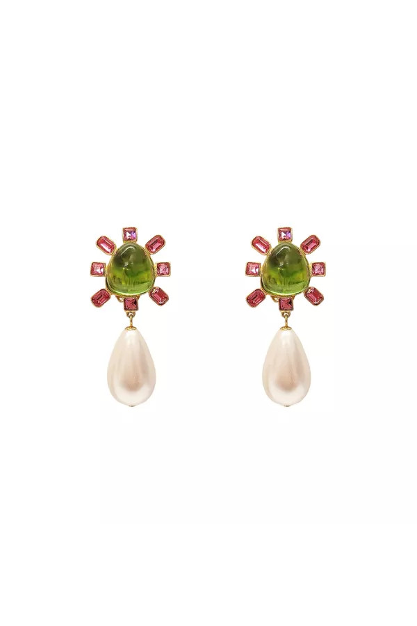 Pink And Peridot Cabochon Center Pearl Drop Clip Earring by... | The Mile