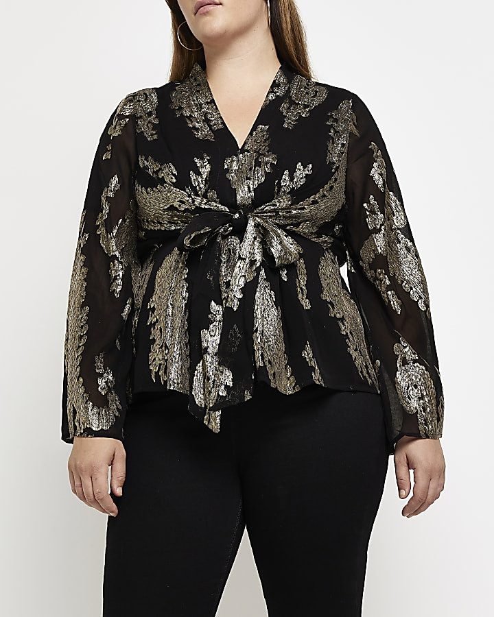 Plus black glitter tie front blouse | River Island (UK & IE)