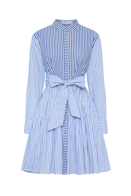 Long Sleeve Knee Length Shirt Dress in Blue Multi Stripe | Bohemian Traders