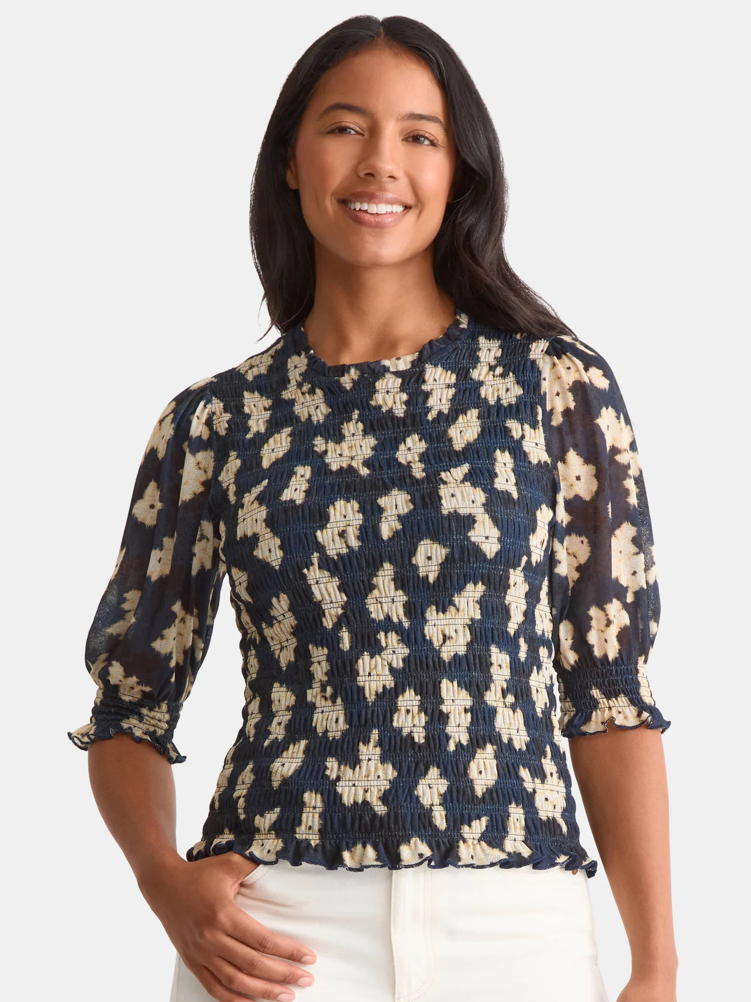 Time and Tru Women's Smocked Mesh Top, Sizes XS-XXXL | Walmart (US)