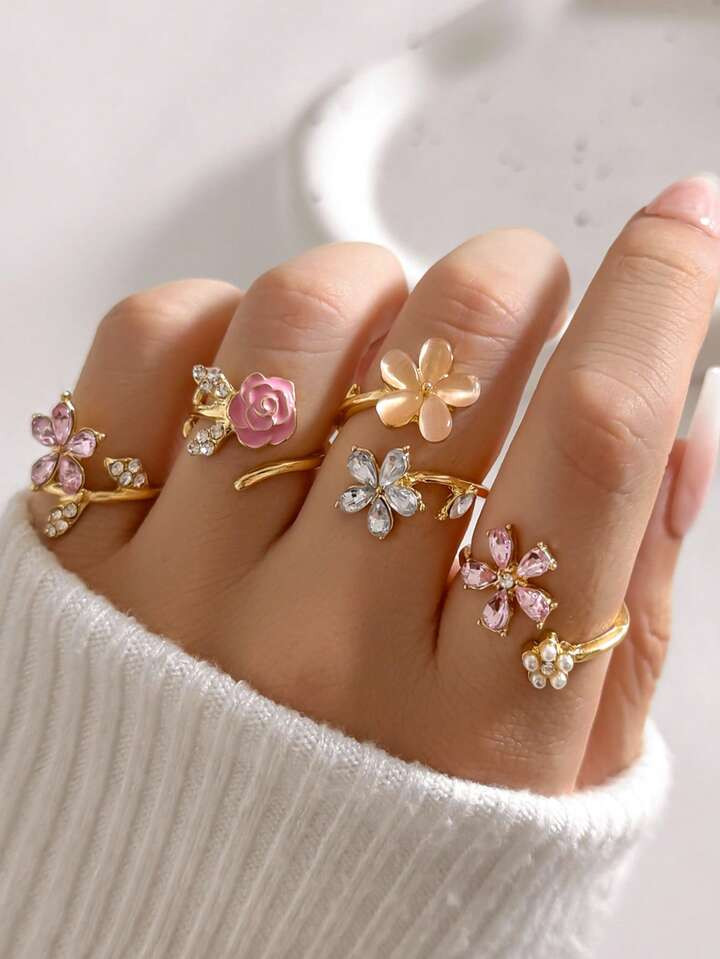 4pcs/Set Lovely Pink Rose Flower Adjustable Rings, Faux Pearl Diamond Decor Five-Petal Floral Ring Set For Women | SHEIN