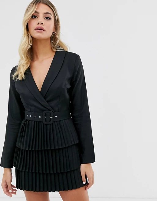 In The Style x Dani Dyer plunge front blazer dress with pleated skirt in black | ASOS (Global)