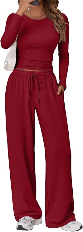 Trendy Queen Women's 2 Piece Matching Lounge Set Long Sleeve Side Ruching Top Wide Leg Drawstring... | Amazon (US)