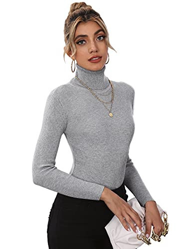 SweatyRocks Women's Long Sleeve Turtleneck Ribbed Knit Pullover Sweater Top Grey L | Amazon (US)