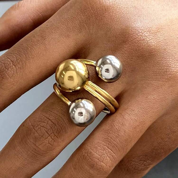 1pc Stainless Steel Ball Adjustable Ring Statement Golden Metal Finger Ring Jewelry Water Resistant Hypoallergenic | SHEIN