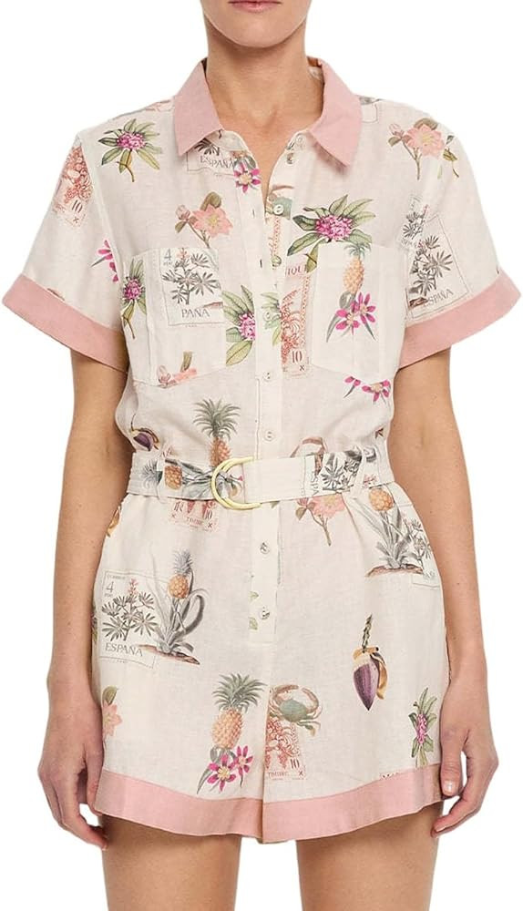 Women's Summer Rompers Floral Print Short Sleeve Button Up Wide Leg Jumpsuits with Belt | Amazon (US)
