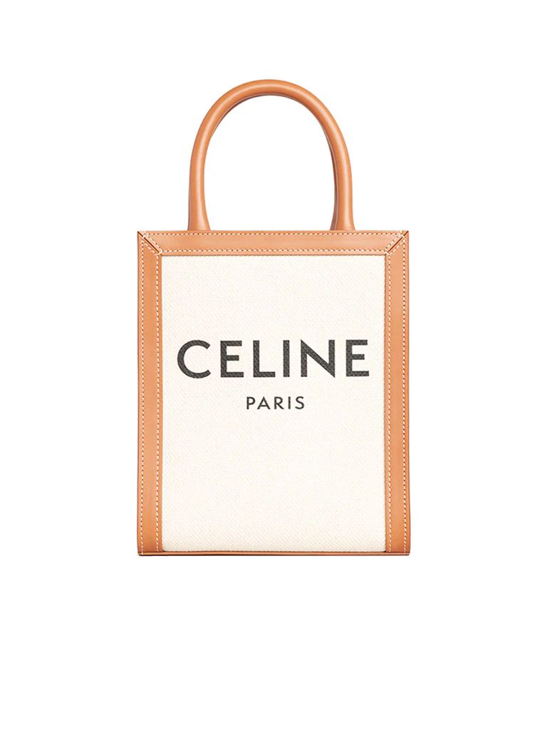 Mini Vertical Cabas Celine in Textile with Celine Print and Calfskin in Tan | COSETTE (global)