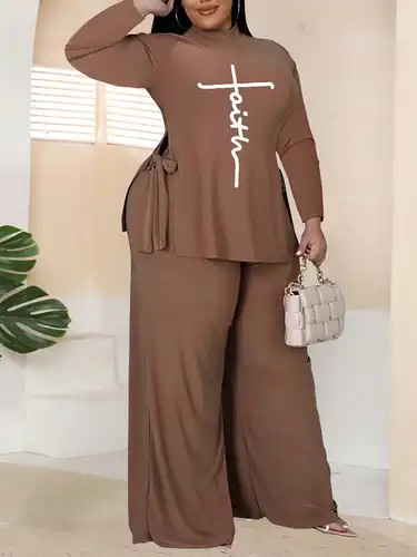 Plus Size Letter Print Split Hem Shirt & Pants Set, Women's Plus Casual Medium Stretch Outfits 2p... | Temu Affiliate Program
