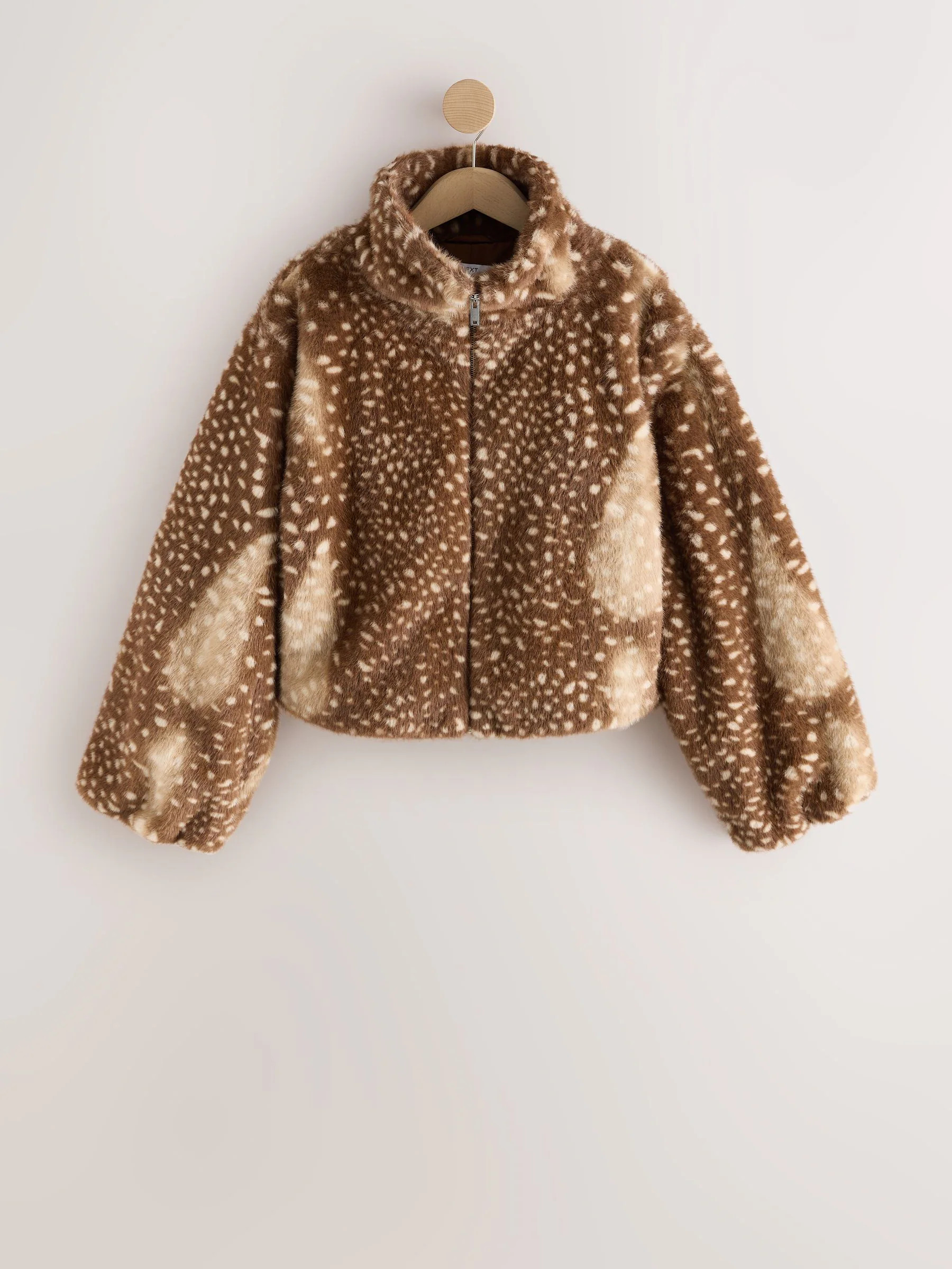 Next Brown Animal Print Faux Fur Funnel Neck Zip Through Deer Jacket | Next US