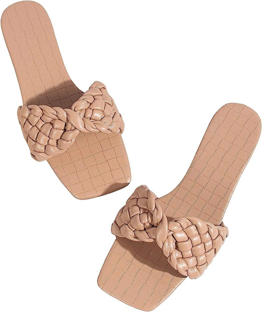 Women’s Square Open Toe Flat Sandals Slide Crisscross Braided Strap Low Heel Mule Slipper | Amazon (US)