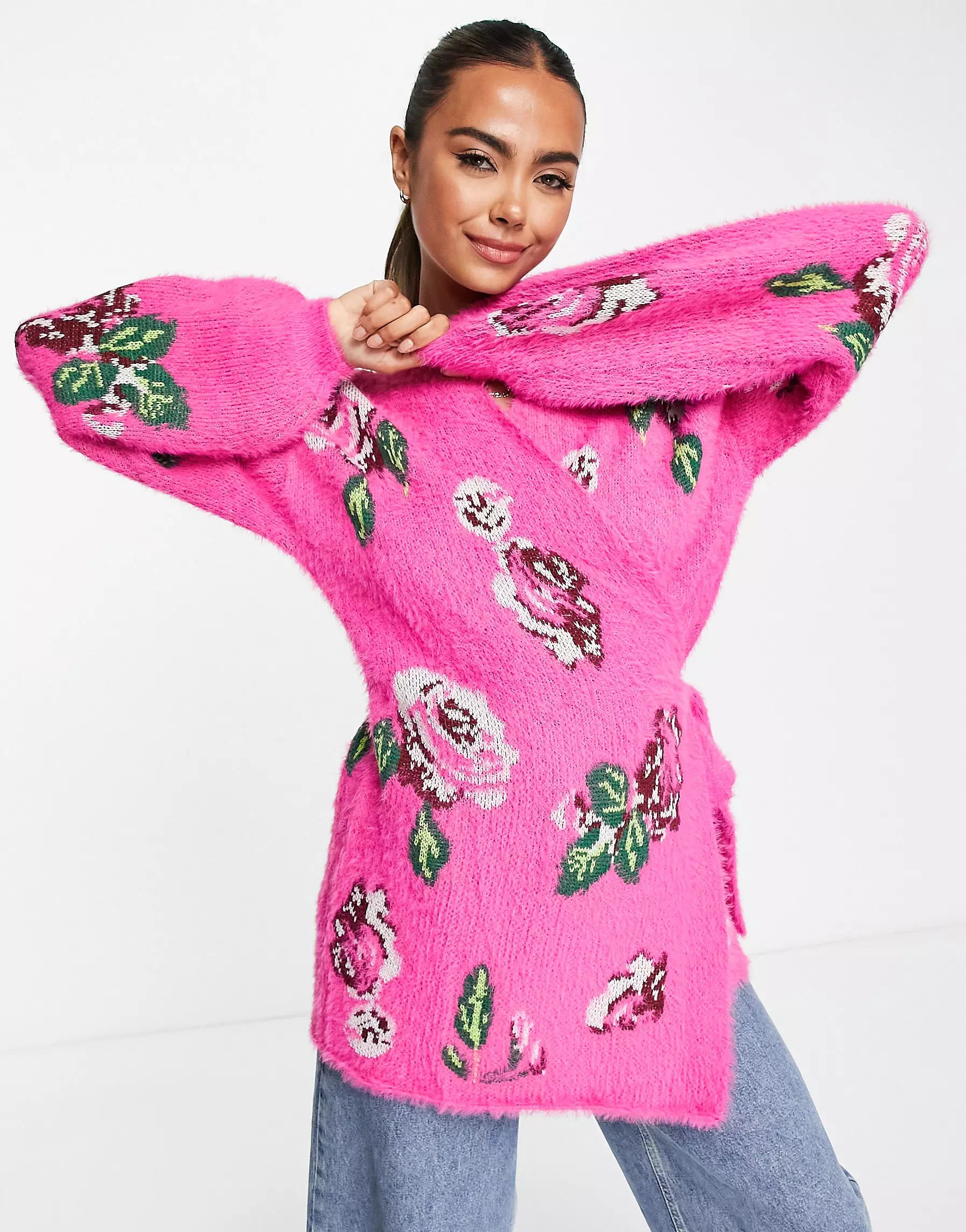 In The Style x Lorna Luxe wrap cardigan in pink floral print | ASOS (Global)