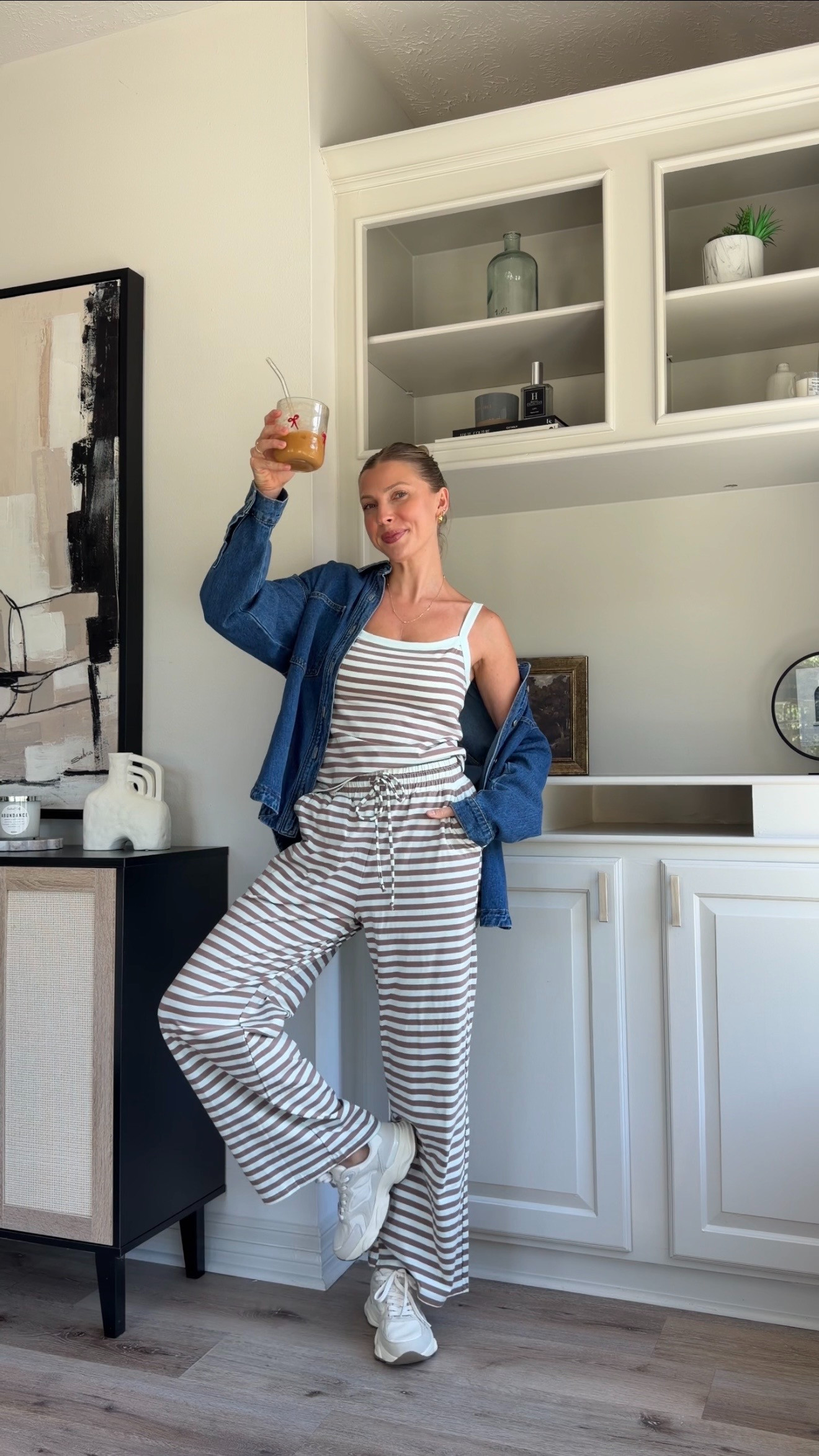 Cute, comfy lounge set for fall! Wearing S in lounge set, and denim shirt!  

 #LTKootd #LTKmomlife