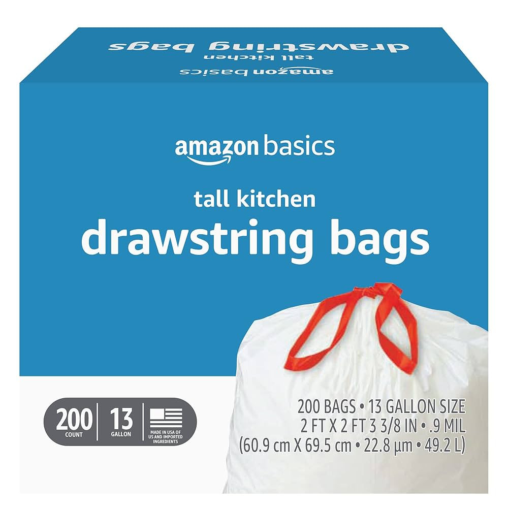 Amazon Basics Trash Bags, Tall Kitchen Drawstring, Unscented, 13 Gallon, 200 Count, Pack of 1 | Amazon (US)