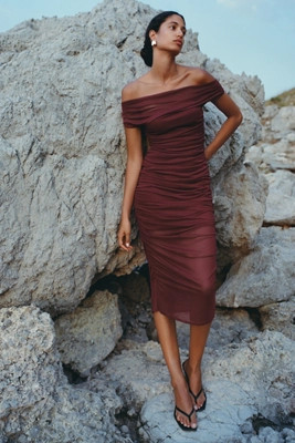 By Anthropologie Off-Shoulder Mesh Slim Midi Dress | Anthropologie (US)