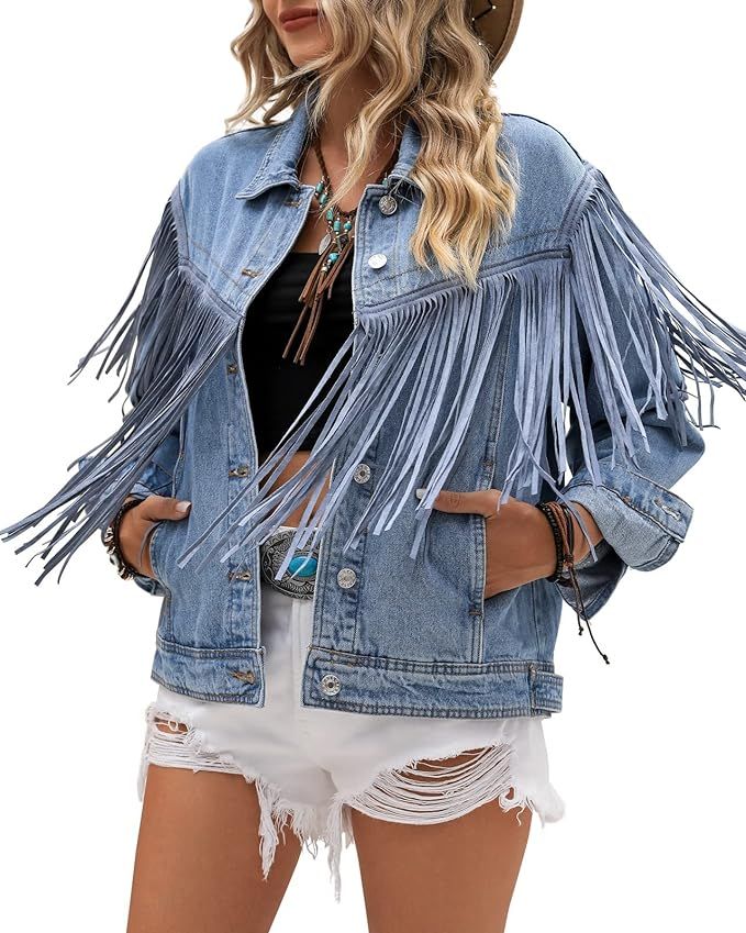 Vetinee Denim Jacket for Women Fringe Trucker Jean Jacket Distressed Western Cowgirl Shacket Jack... | Amazon (US)