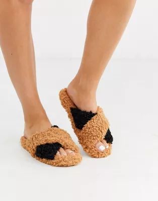 ASOS DESIGN Neve cross strap slider slippers in tan and black borg | ASOS US