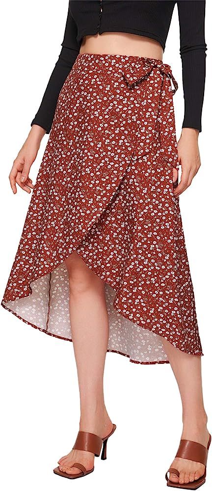 SheIn Women's Boho Ditsy Floral Knot High Waisted Wrap Split Midi Skirt | Amazon (US)