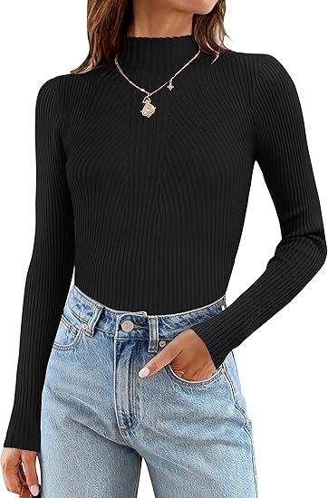 ZESICA Women's 2023 Fall Long Sleeve Turtleneck T Shirt Ribbed Knit Sweater Slim Fit... | Amazon (US)