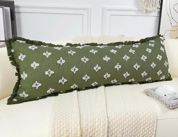 Boho Long Lumbar Pillow Cover 12x36 with Tassel Fringe,3D Flower Patterned Extra Decorative Long Lumbar Pillow Cover Case for Sofa Couch Bed Livingroom Farmhouse,Sage Green | Amazon (US)