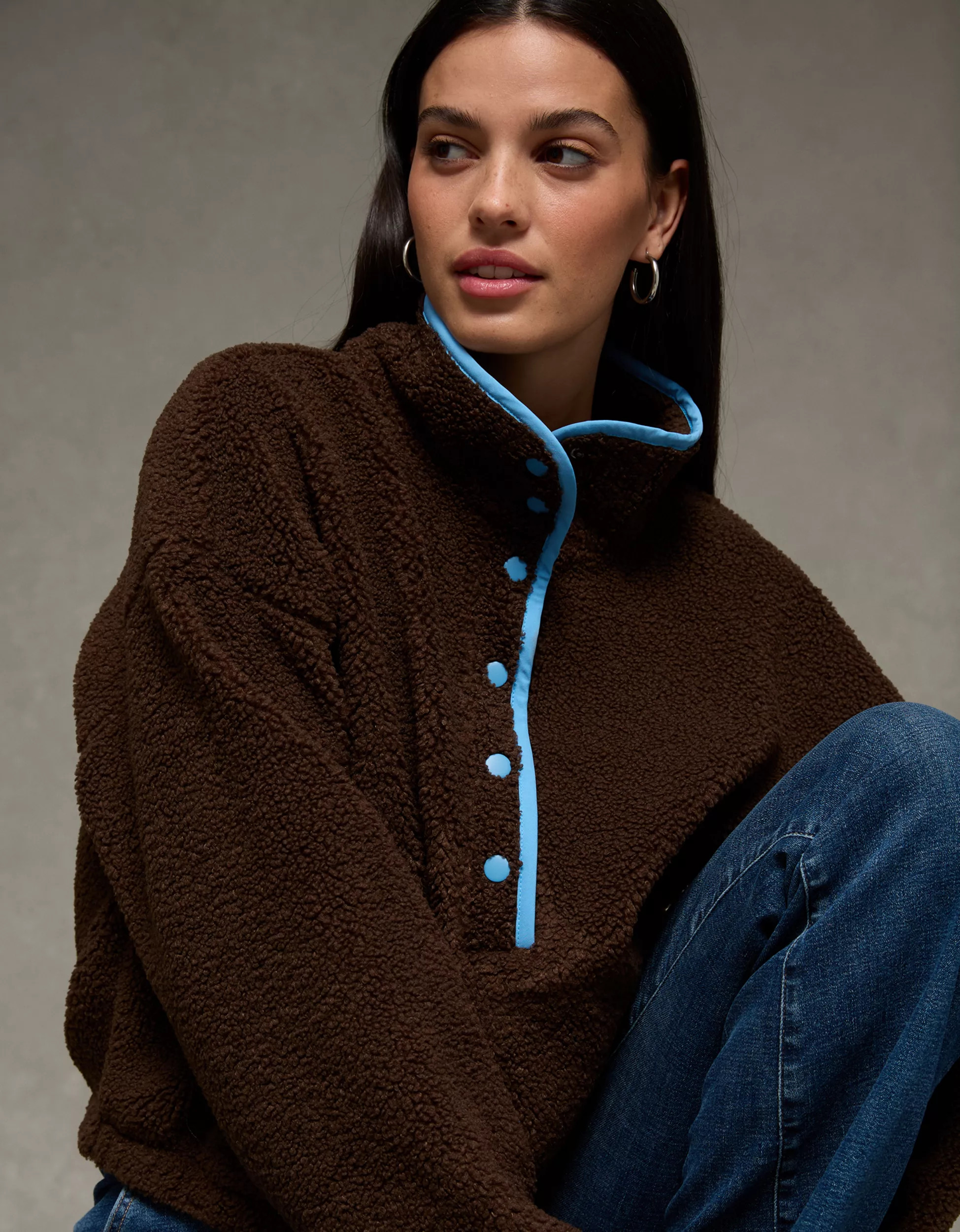 AE Relaxed Sherpa Fleece Henley Sweatshirt | American Eagle Outfitters (US & CA)