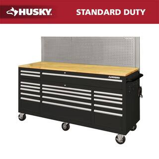 72 in. W x 24 in. D 18-Drawer Standard Duty Mobile Workbench Cabinet with Solid Wood Top and Pegboard in Gloss Black | The Home Depot