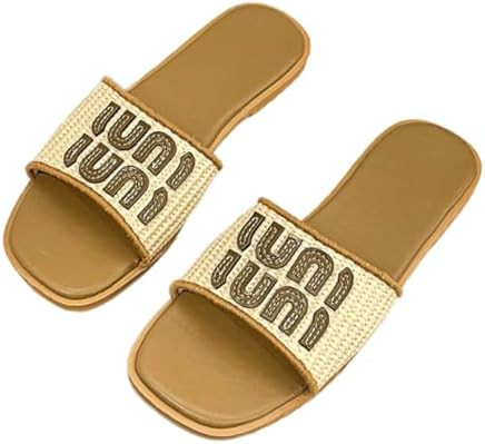 Women's Woven Slide Sandals, Casual Flat Open-Toe Slippers with Decorative Letters IUNI, Lightwei... | Amazon (US)