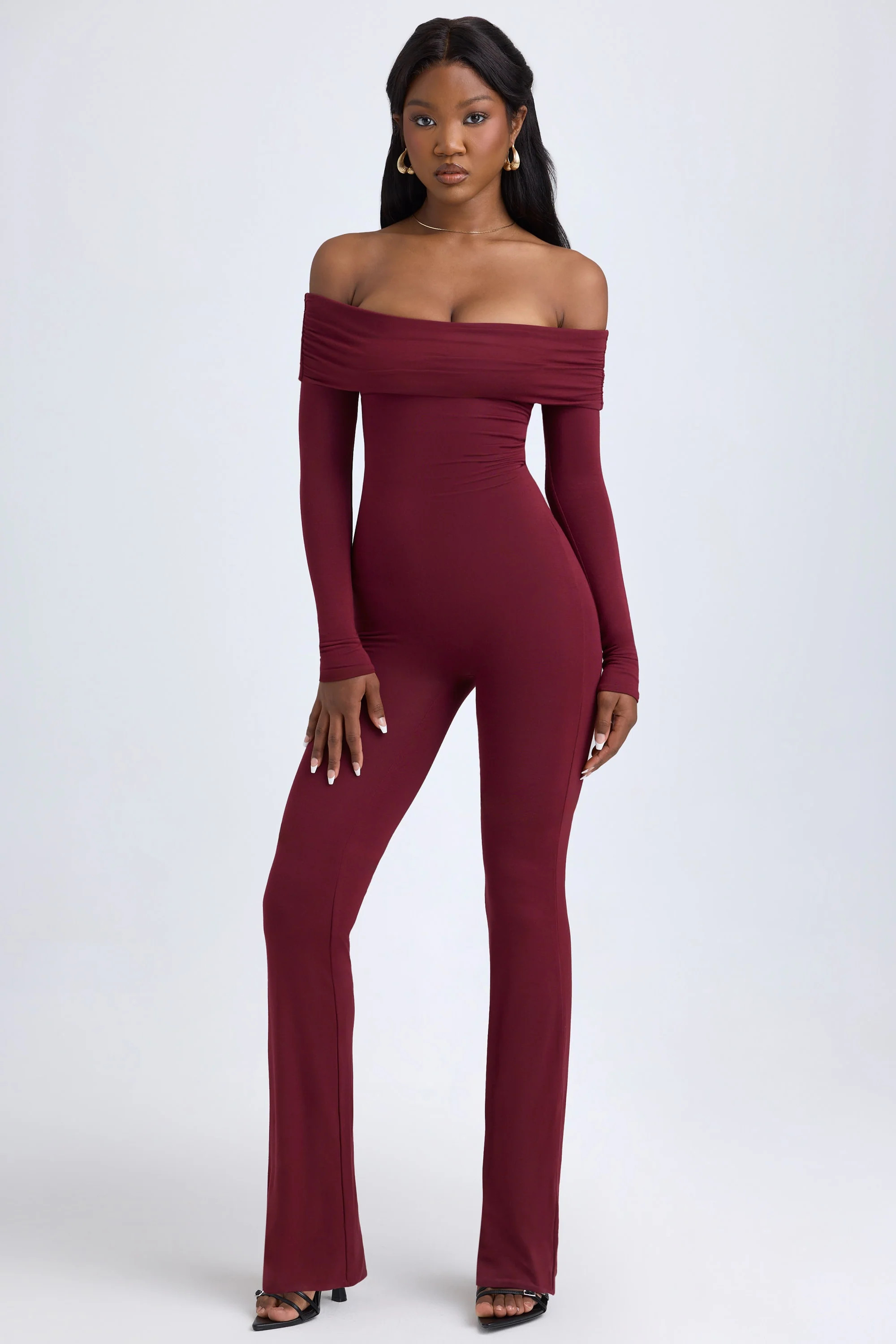 Agnesa Modal Off-Shoulder Ruched Jumpsuit in Wine Red | Oh Polly | Oh Polly