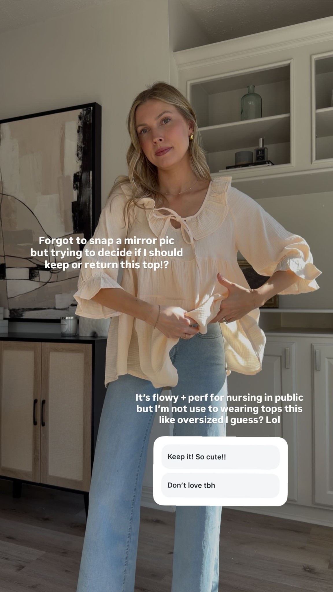 Forgot to snap a mirror pic but trying to decide if I should keep or return this top!? It’s flowy + perf for nursing in public but I’m not use to wearing tops this like oversized I guess? Lol