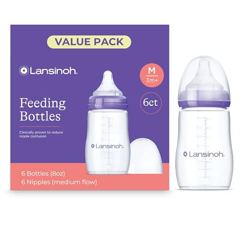 Lansinoh Anti-Colic Baby Bottles for Breastfeeding Babies, 8 Ounces, 6 Count, Includes 6 Medium Flow Nipples, Size M | Amazon (US)