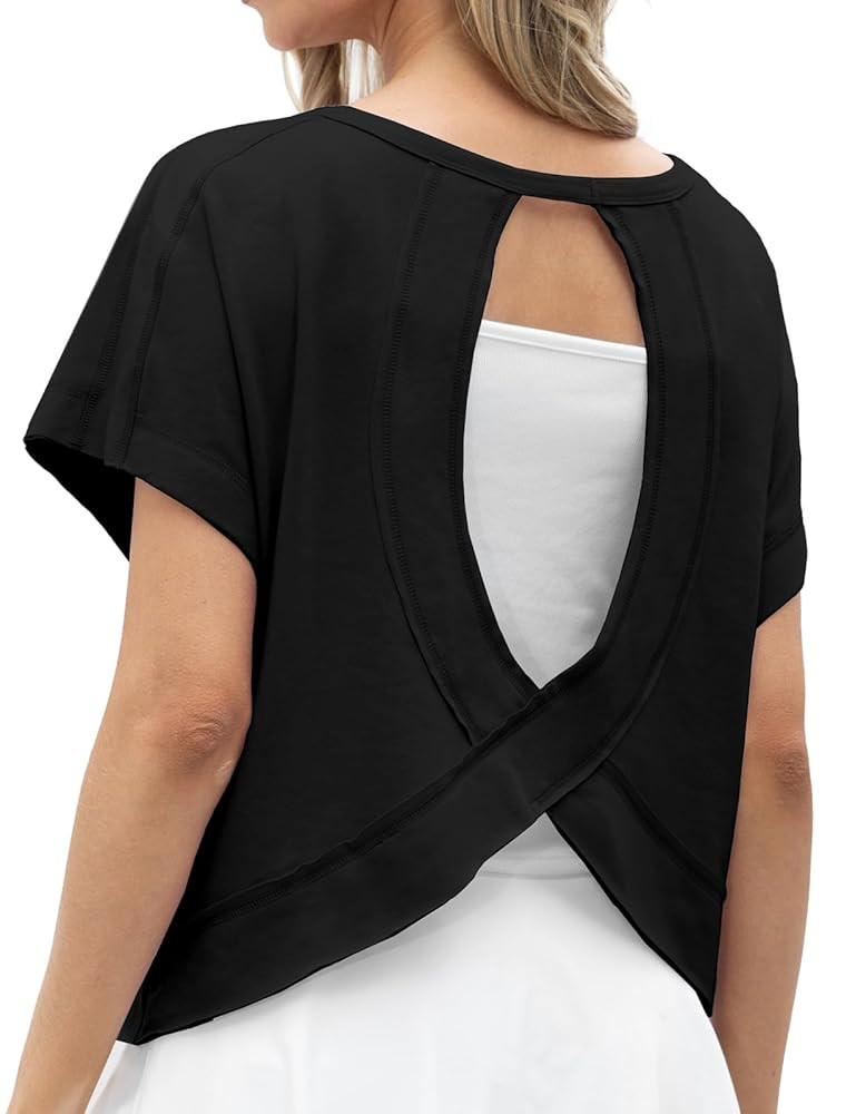 GRECERELLE Women's Open Back Workout Tops Backless Athletic Shirts Casual Crop Running Tee Y2k Yo... | Amazon (US)