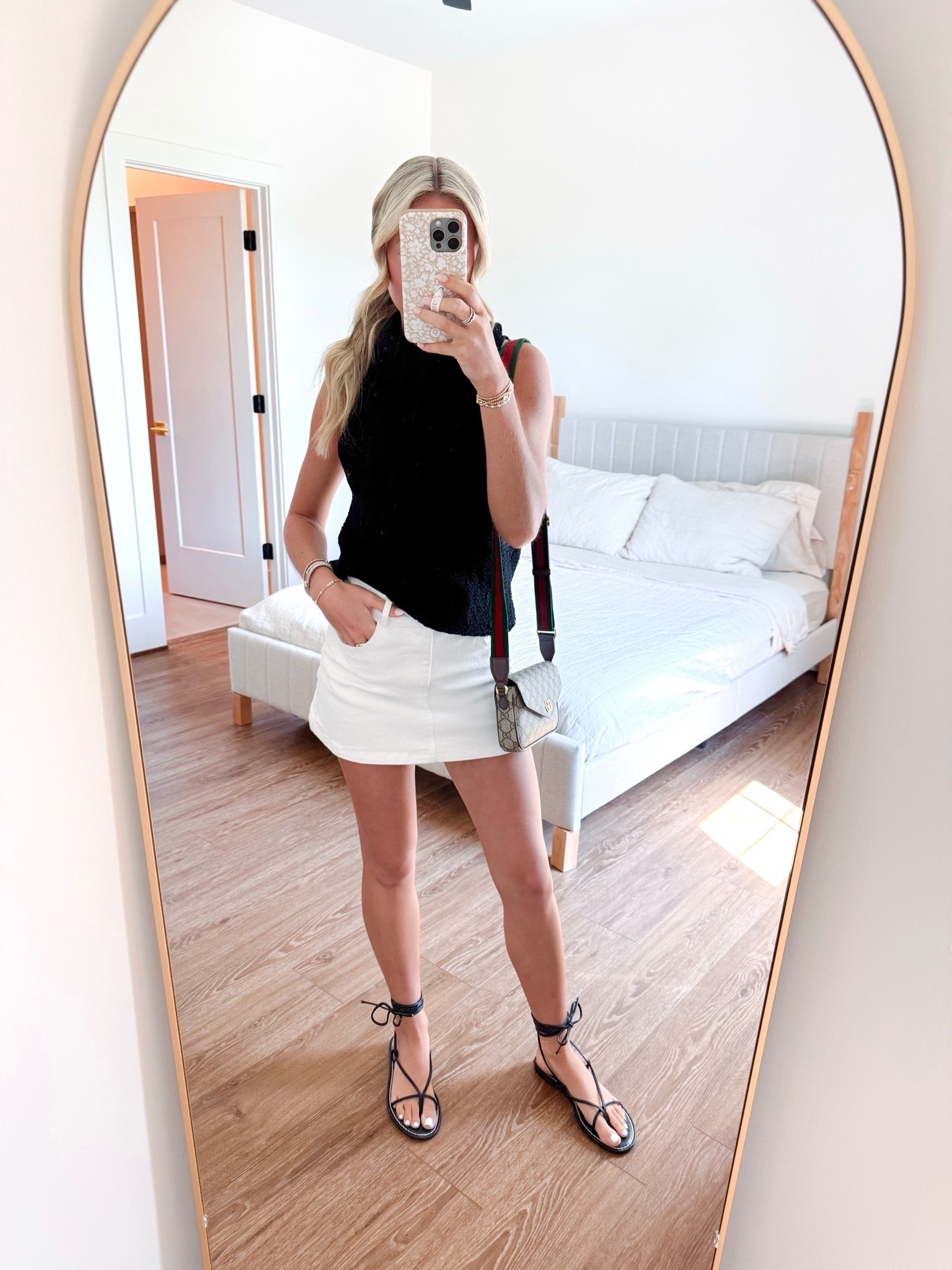 dinner ootd!!🖤
• social threads sweater, white denim skirt, gucci purse, black wrap sandals

#LTKootd #LTKPetite