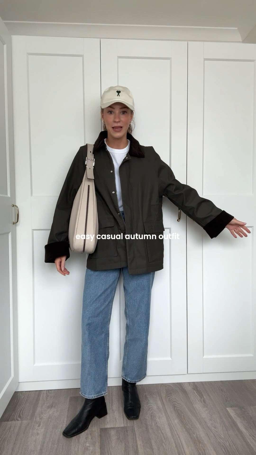 Casual autumn outfit uk, barn jacket, barrel leg jeans, white tshirt, sock leather block heel ankle boots, hobo bag

#LTKuk #LTKautumn #LTKstyletip