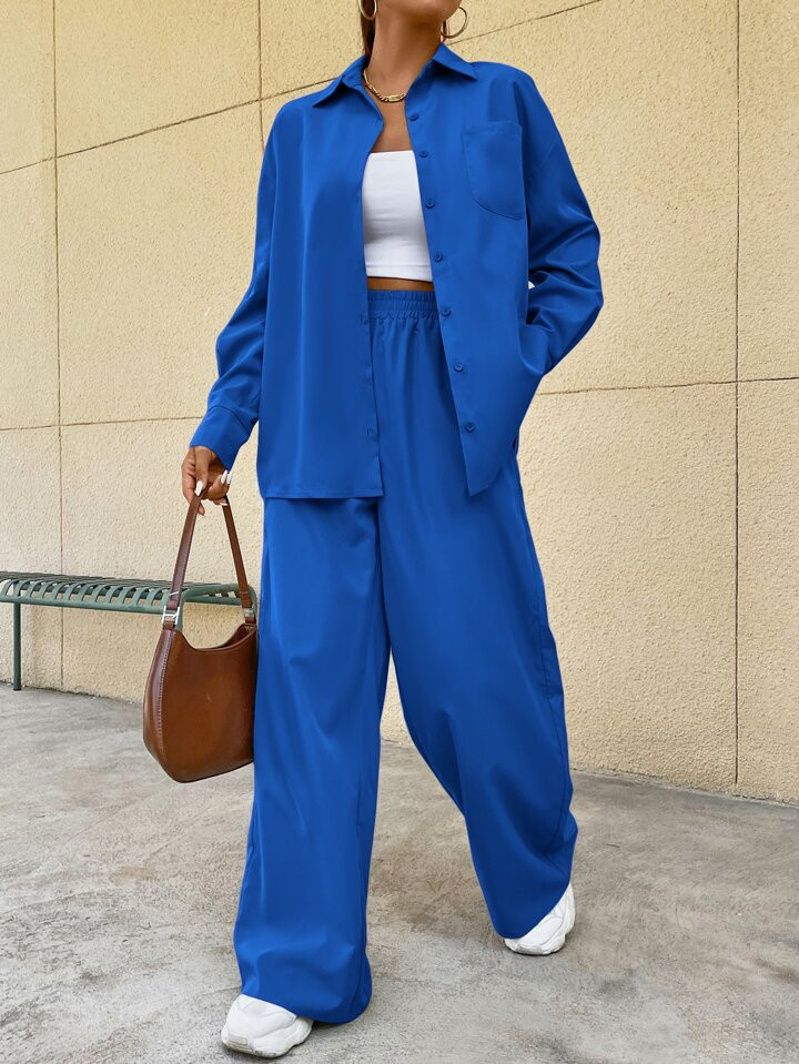 SHEIN EZwear Drop Shoulder Pocket Patched Shirt & Wide Leg Pants | SHEIN