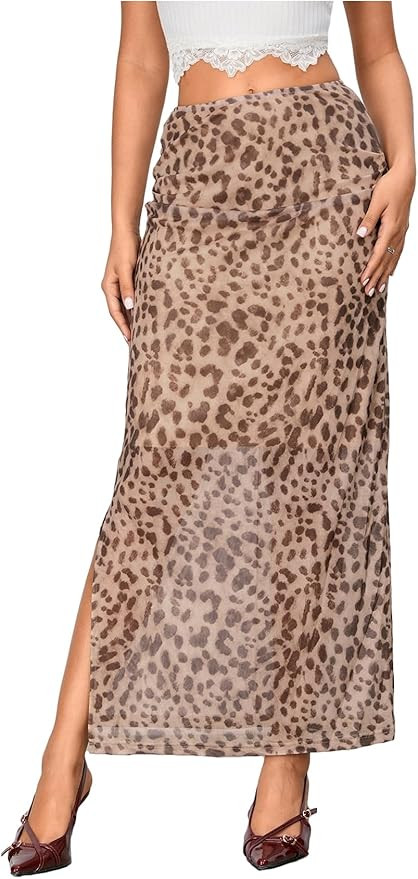 WDIRARA Women's Leopard Print Mesh Skirt Ruched Split Thigh Low Waist Maxi Skirts | Amazon (US)