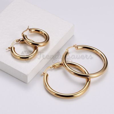 18ct Gold Plated Women Big Large 5mm Thick Round  Stainless Steel Hoop Earrings | eBay UK