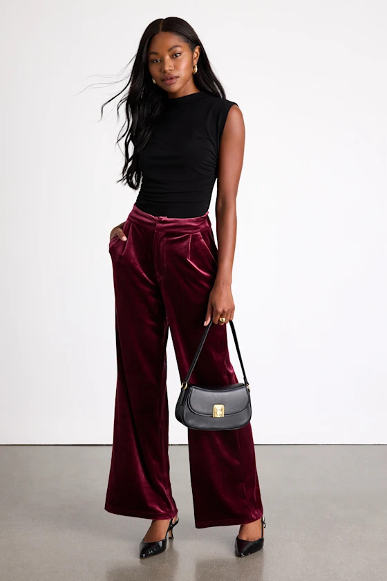 Haira Burgundy Velvet Wide-Leg Mid-Rise Trouser Pants | Lulus