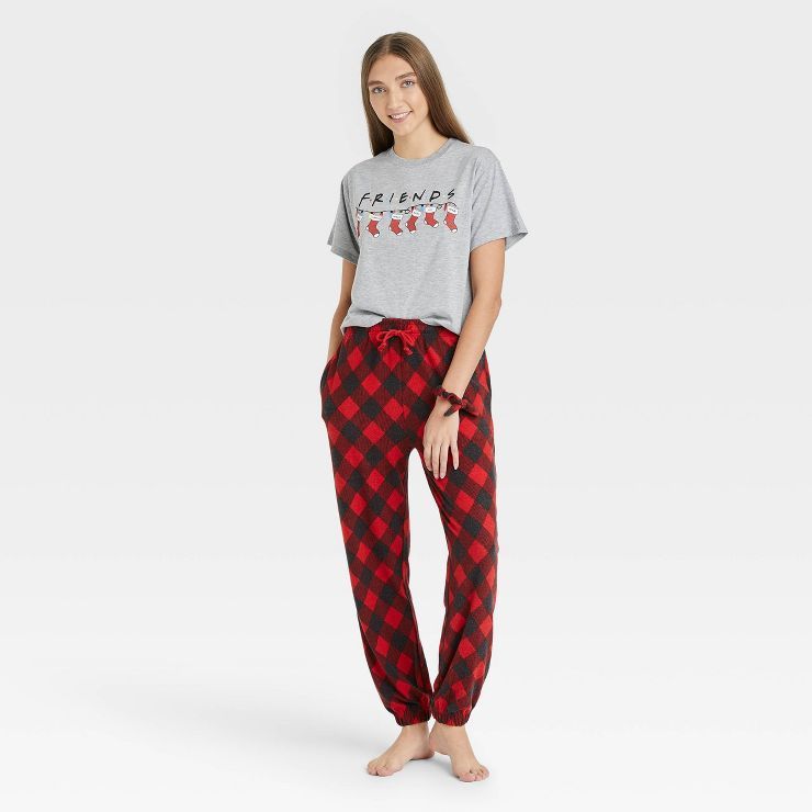 Women's Friends Plaid 3pc Scrunchie and Pajama Set - Gray/Red | Target