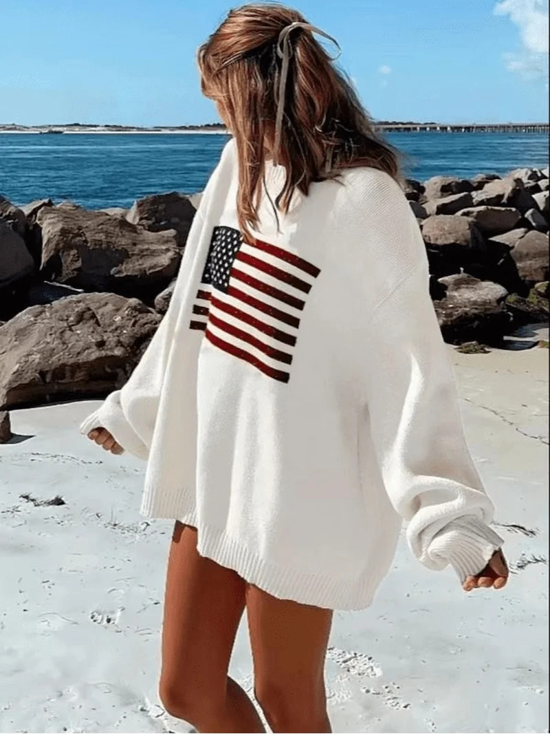 American Flag Sweater For Women 4th for July Long Sleeve Casual Crew Neck Loose Knit White L | Walmart (US)