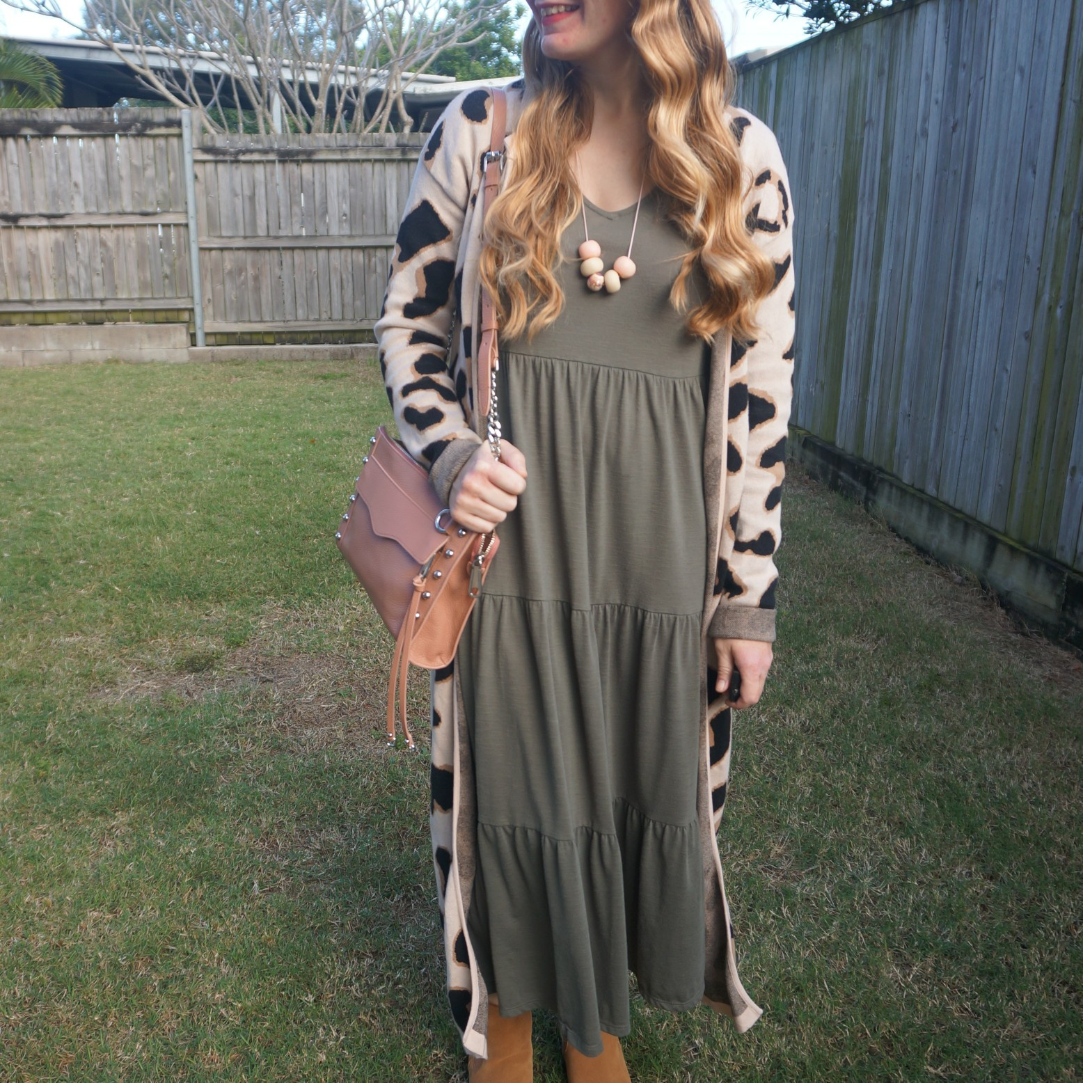 Thrifted leopard print duster cardigan with olive green Kmart Anko tiered midi dress, and Rebecca Minkoff studded MAB crossbody bag 💕💚

#LTKspring #LTKaustralia #LTKbag