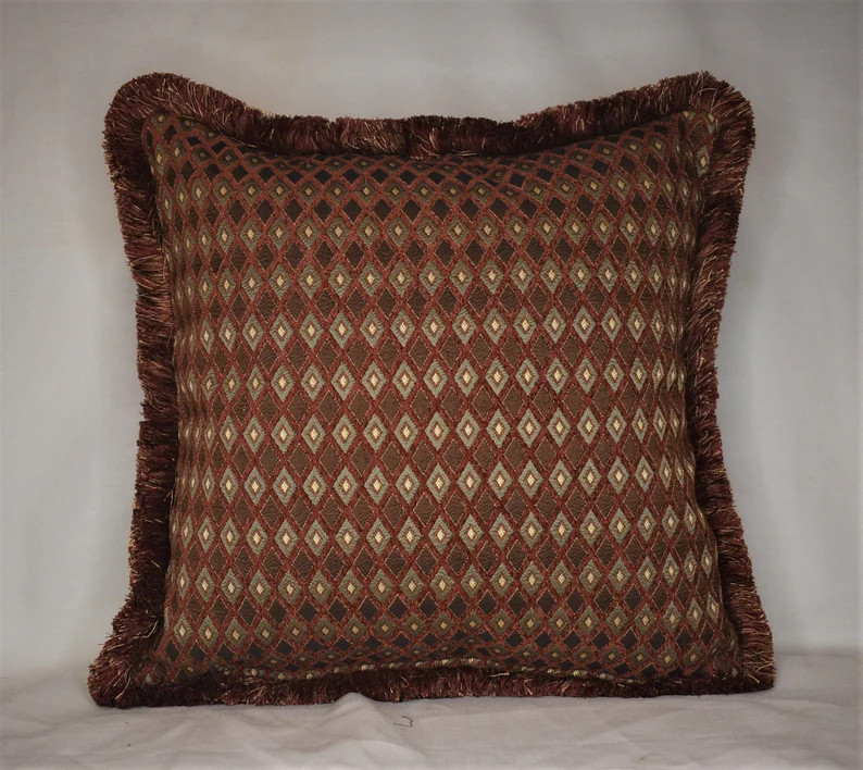 Large Square and Rectangle Rusty Brown Gold Transitional Decorative Throw Pillow With Fringe for ... | Etsy (US)