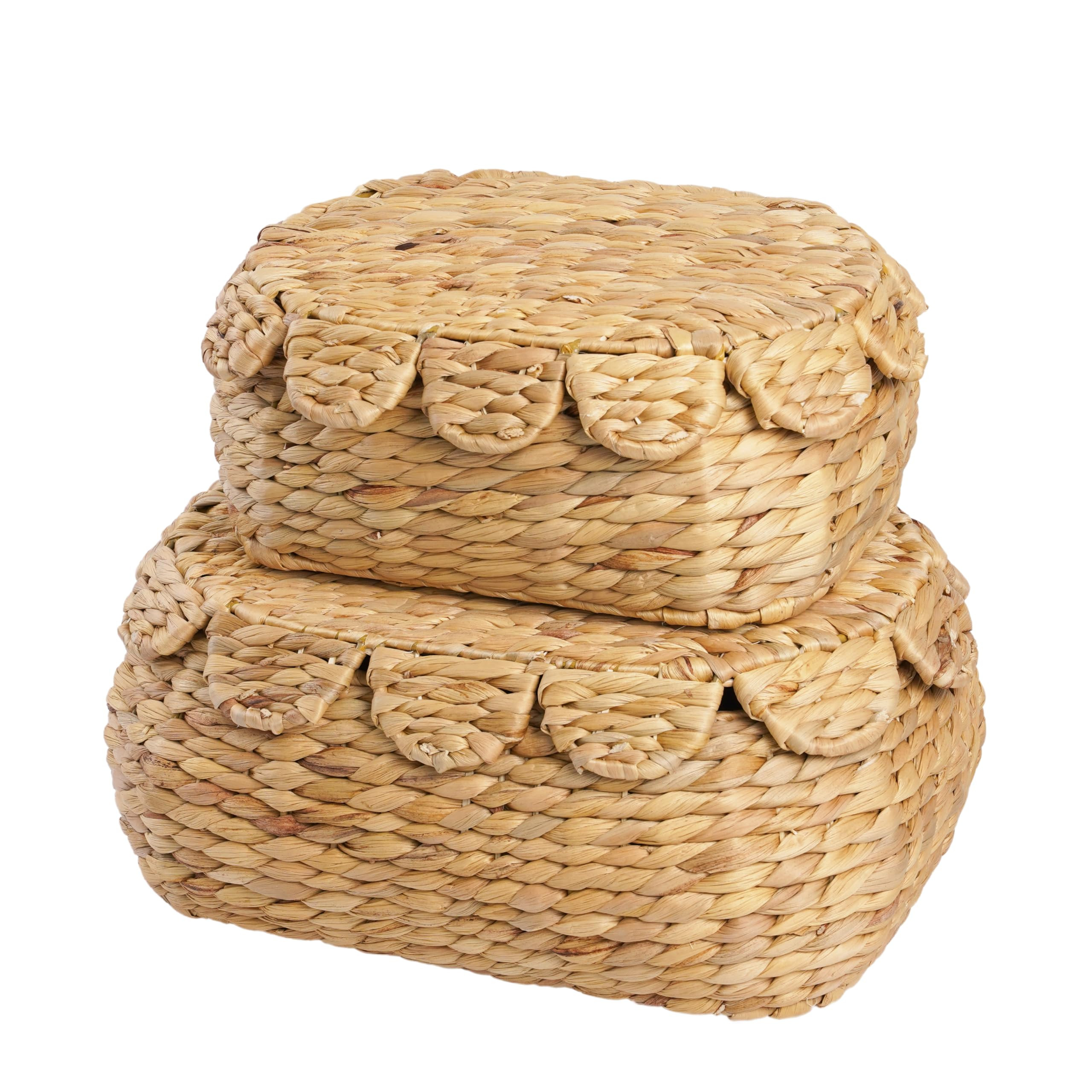 Set of 2 Hand Round Wicker Storage Baskets with Lid, Rattan Basket Decorative Boxes, Woven Storag... | Amazon (US)