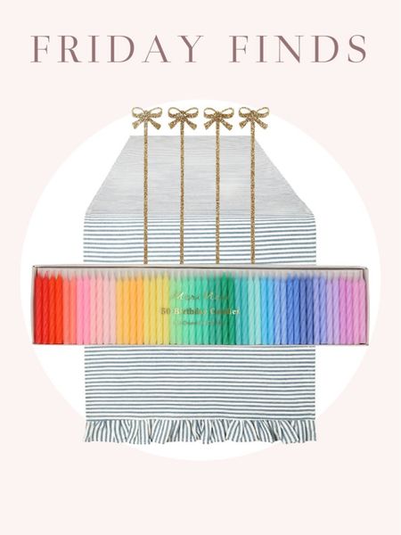 A darling table runner, gold bow cocktail stirrers, and birthday candles in a rainbow array!

#LTKGiftGuide #LTKhome #LTKFind